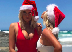 Сексуальные сестры-серфингистки с большими бюстами устроили пикантную рождественскую фотосессию