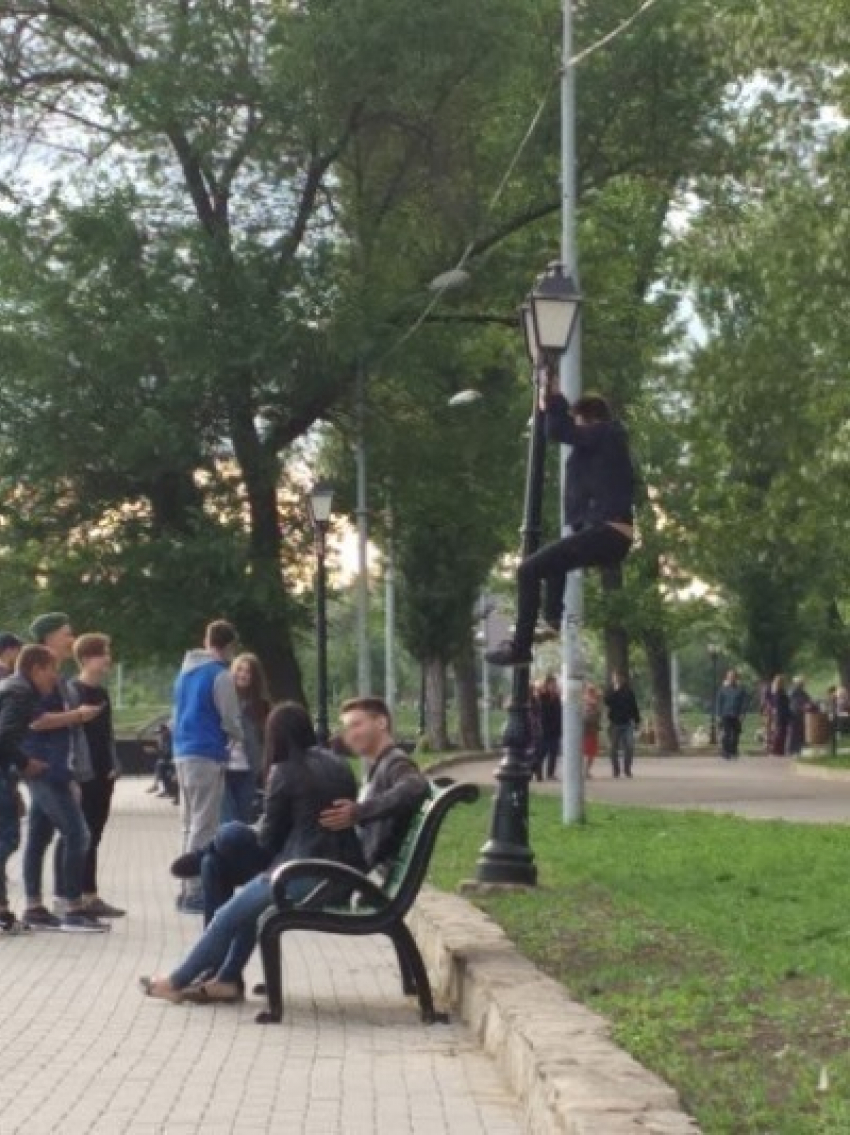 Молодой человек «покорил» фонарный столб в столичном парке Валя Морилор 