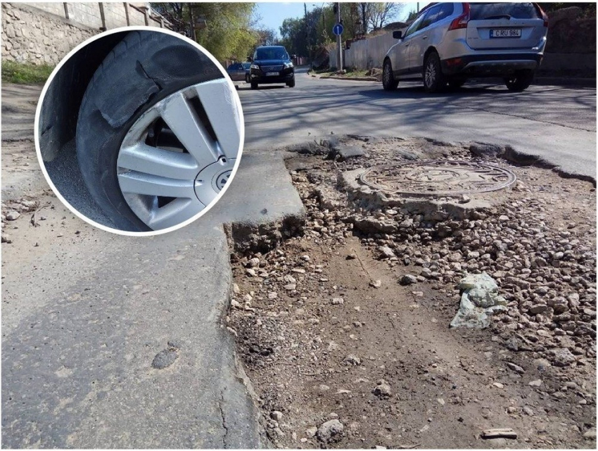На Телецентре водитель пробил колесо, попав в яму на дороге