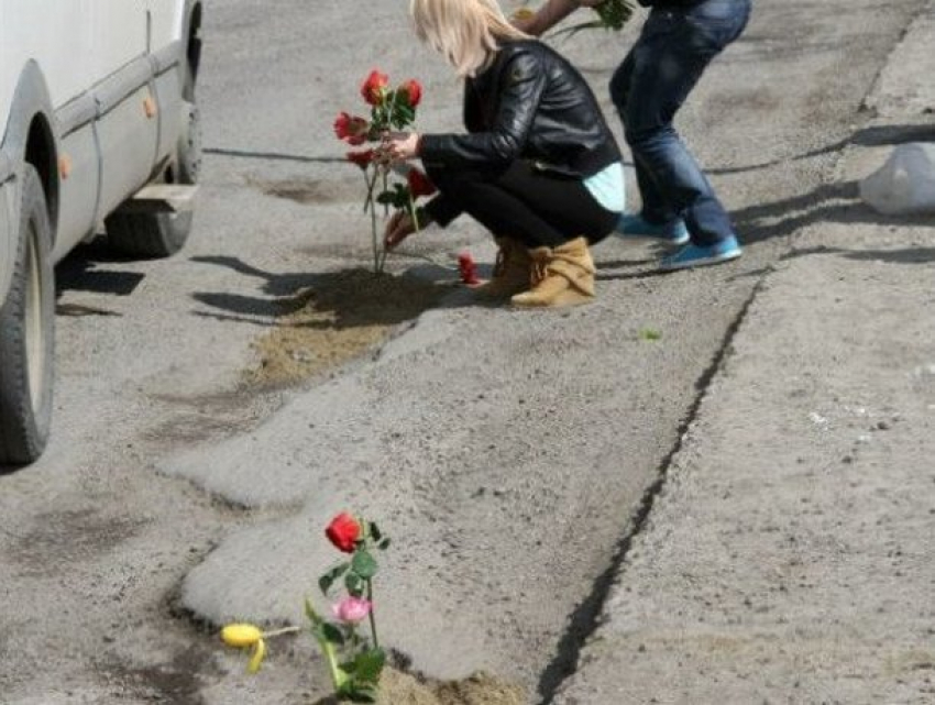 Флешмоб с высадкой цветов в ямы на дорогах устроили активисты в Бельцах 